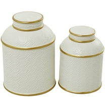 DecMode 10"W, 8"H White Ceramic Decorative Jars with Gold Accents, 2-Pieces