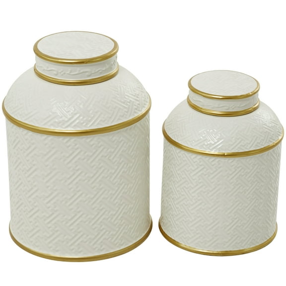 DecMode 10"W, 8"H White Ceramic Decorative Jars with Gold Accents, 2-Pieces