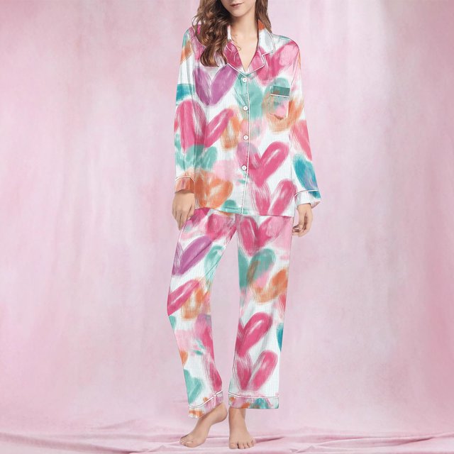 Puntoco Pijamas para mujer, moda informal para mujer, conjunto de pijama con solapa de manga larga y estampado navideño, conjunto de pijama informal con pantalón superior