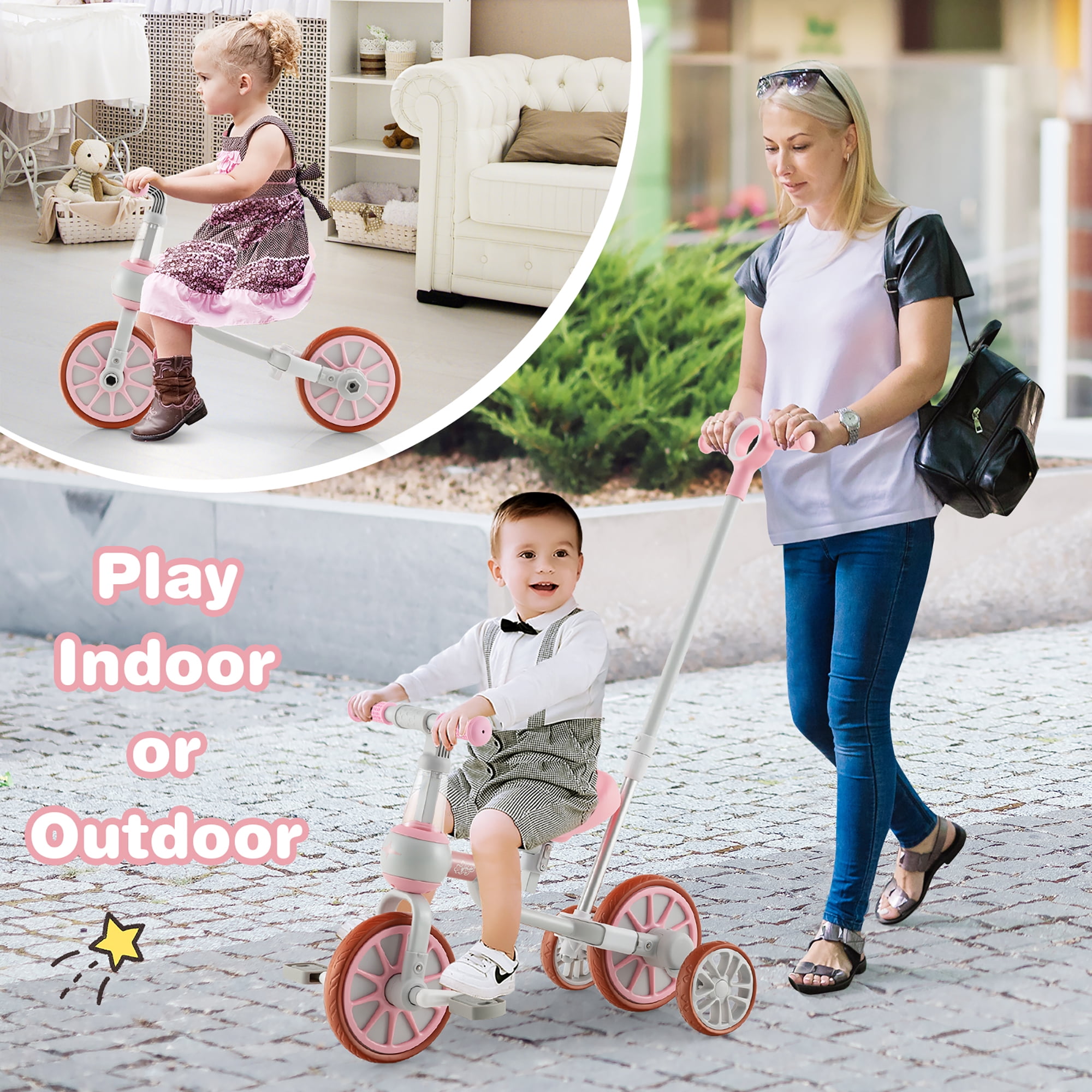 Costway 4 in 1 Kids Tricycles with Push Handle Training Wheels Baby Balance Bike Pink Walmart