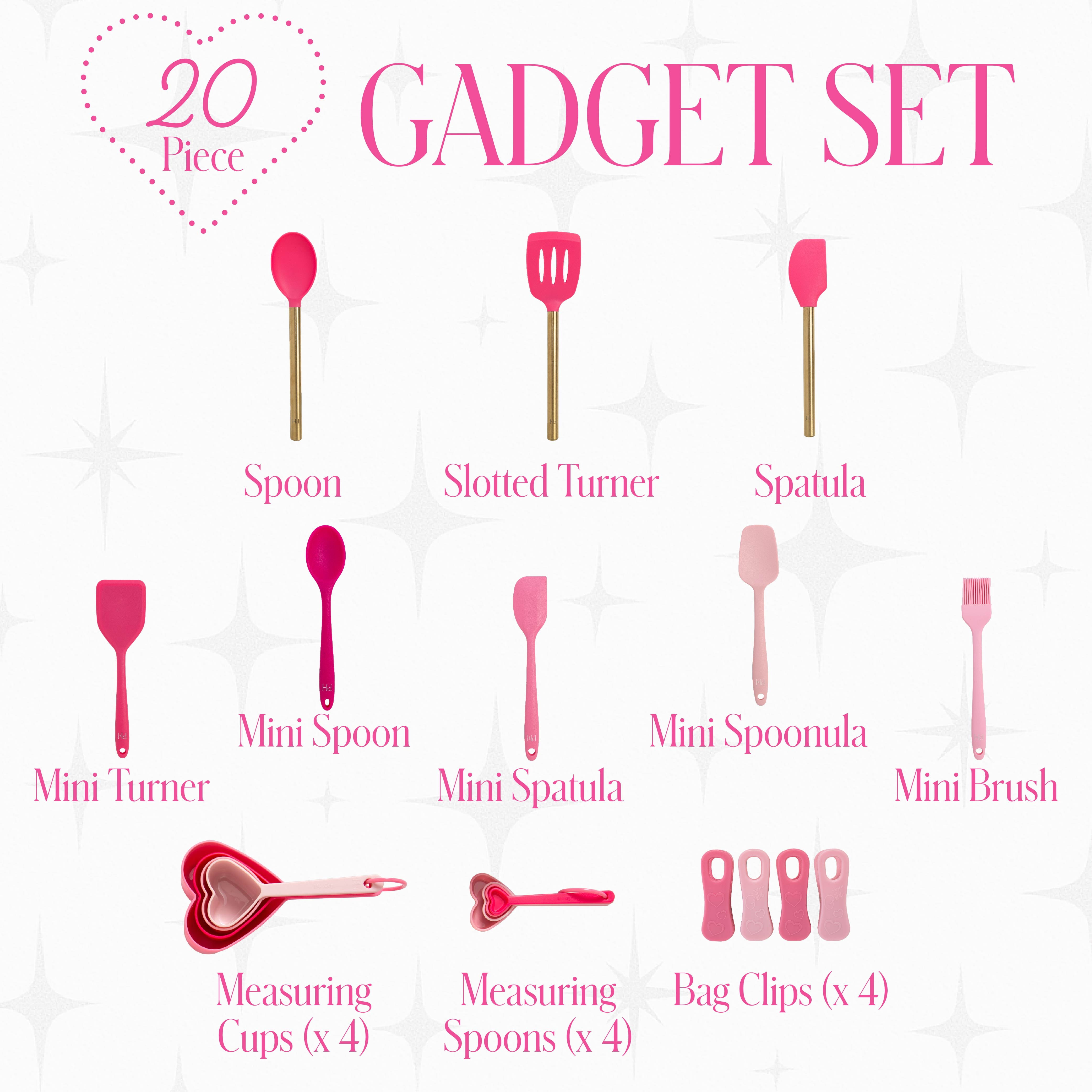 Paris Hilton 20-Piece Gadget Set, Heart-Shaped Measuring Cups, Silicone Tools & Bag Clips, Pink