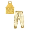 thumbnail image 4 of TiaoBug Kids Girls Hip Hop Jazz Ballet Dance Costume Sequins Halter Sleeveless Dance Crop Top with Metallic Pants Gold 6, 4 of 5
