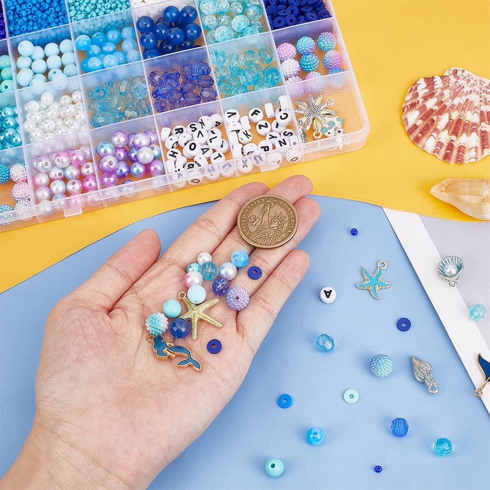 Ocean Theme Beads Kit - 1863pcs 24 Styles 6mm Polymer Clay 3mm Glass Seed Alphabet Letter Shell Starfish Pendants for Earring Crafts