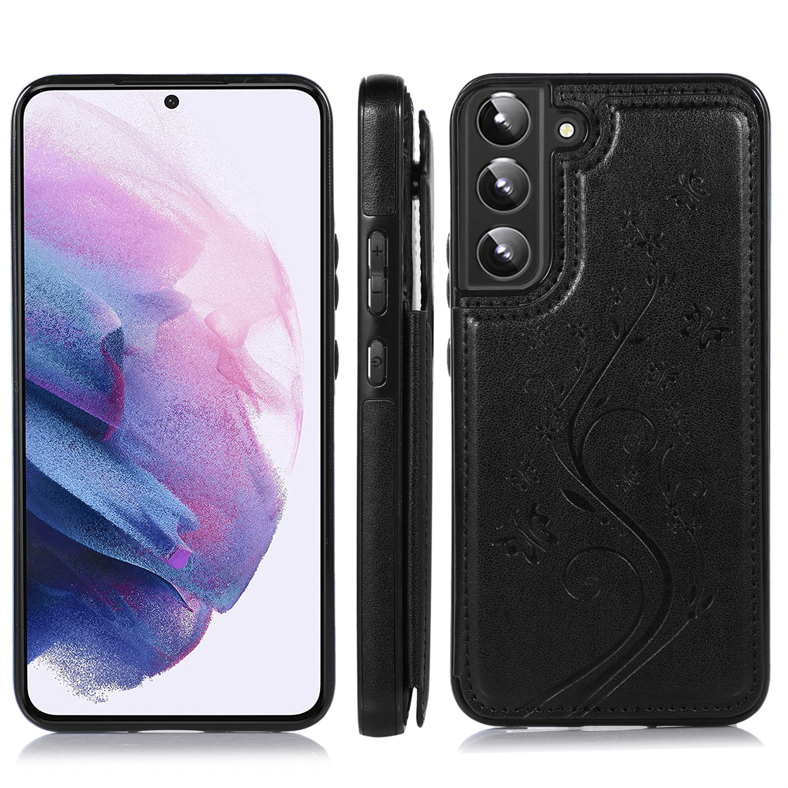 Asuwish Compatible with Samsung Galaxy S22 5G Wallet Phone Case Tempered Glass Screen Protector and Flower PU Leather Credit Card Holder Stand Cell Cover for S 22 22S 4G G5 6.1 inch Women Men Black