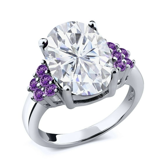 Gem Stone King 925 Sterling Silver Purple Amethyst Ring Set with Oval Moissanite (5.39 Cttw) (Size 6)