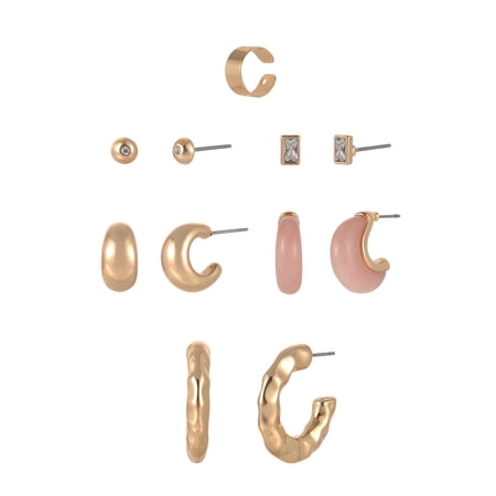 Time and Tru Goldtone and Silvertone 5-On Milky Pink Swirl Resin Hoop and Studs Earring Stacker Set