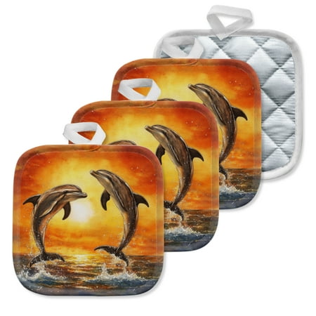 

4Pcs Pot Holder for Kitchen Dolphins Leap Out Of The Sea At Sunset Composition Square Heat Resistant Hotpads 8x8in Non Slip Dirt-Proof Kitchen Cook Oven Potholders Machine Washable