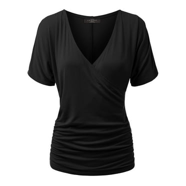 Made by Johnny Women's V Neck Short Sleeve Wrap Front Drape Dolman Top L BLACK