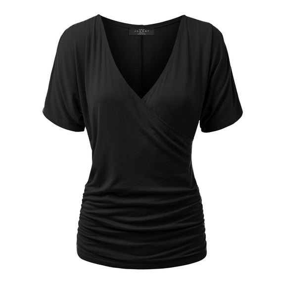 Made by Johnny Women's V Neck Short Sleeve Wrap Front Drape Dolman Top XXXL BLACK