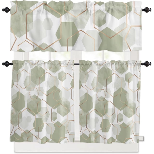 Sage Green Kitchen Curtains and Valance Set, Modern Geometric Cafe Curtains Rod Pocket Windows Curtains for Living Room Bedroom Abstract Gold Lines Nordic Art Valance and Tier Curtains 24 Inch Length