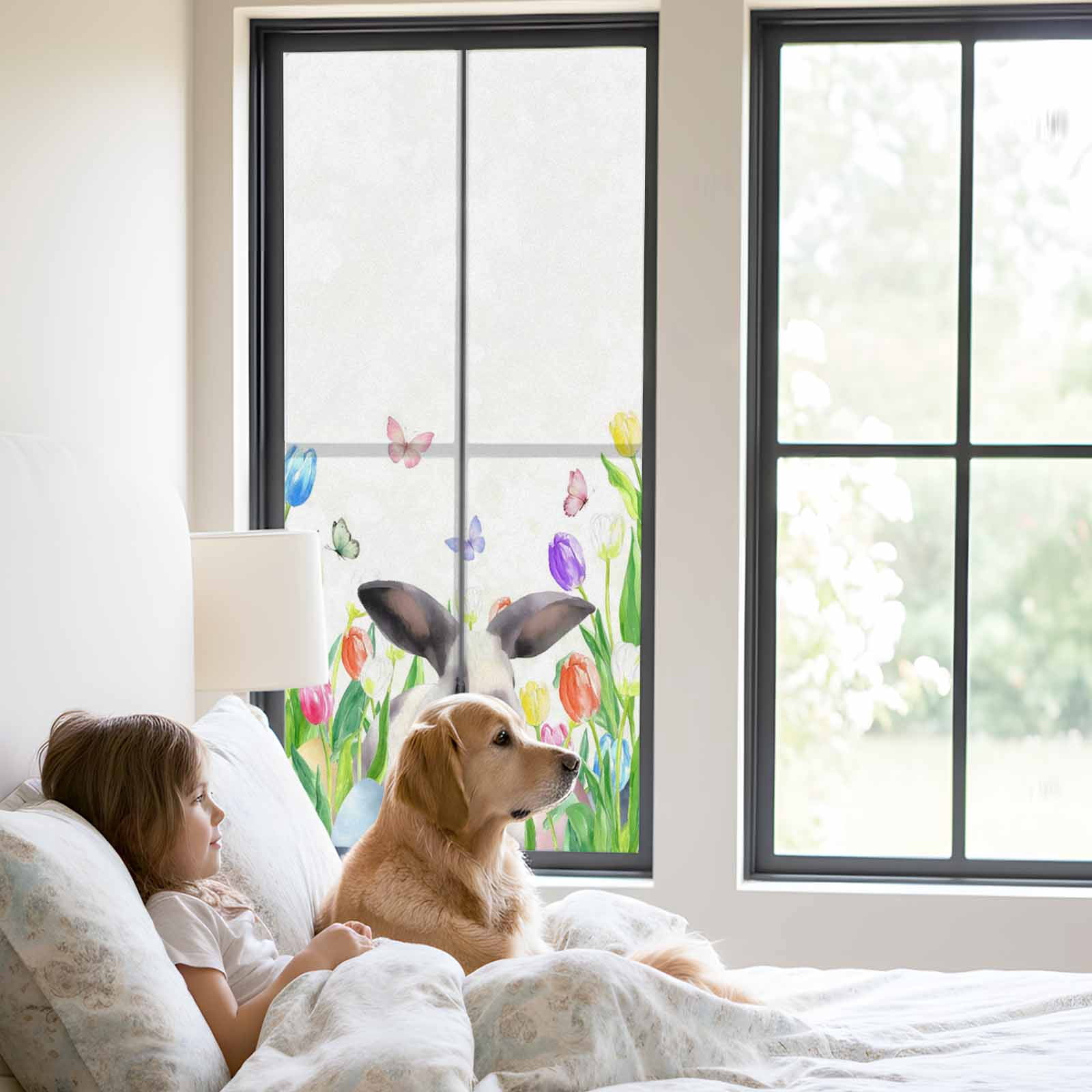 Easter Window Privacy Film, Watercolor Spring Rabbit Floral Eggs Butterfly Frosted Glass Window Clings Static Cling UV Heat Blocking Reusable Door Sticker for Bathroom 23.6 x 59 Inch
