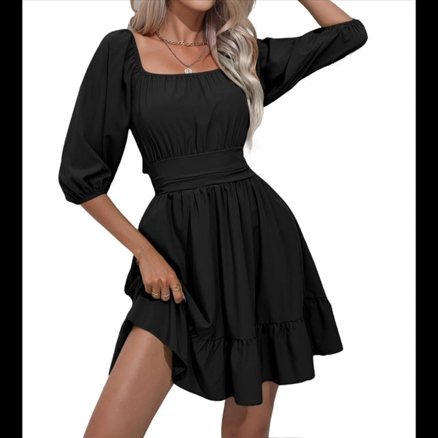 Vestido Informal de para Mujer, con Mangas Largas Tipo Farol, Cintura Alta y Lazo en la Espalda, Corte A. Negro L