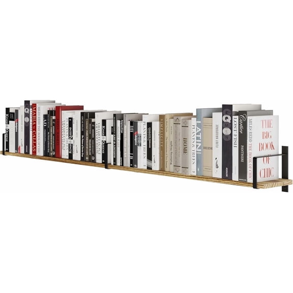 60 inch Floating Shelf, Wooden Wall Mounted Shelves with Bookend Brackets, 1pc, Burnt Finish