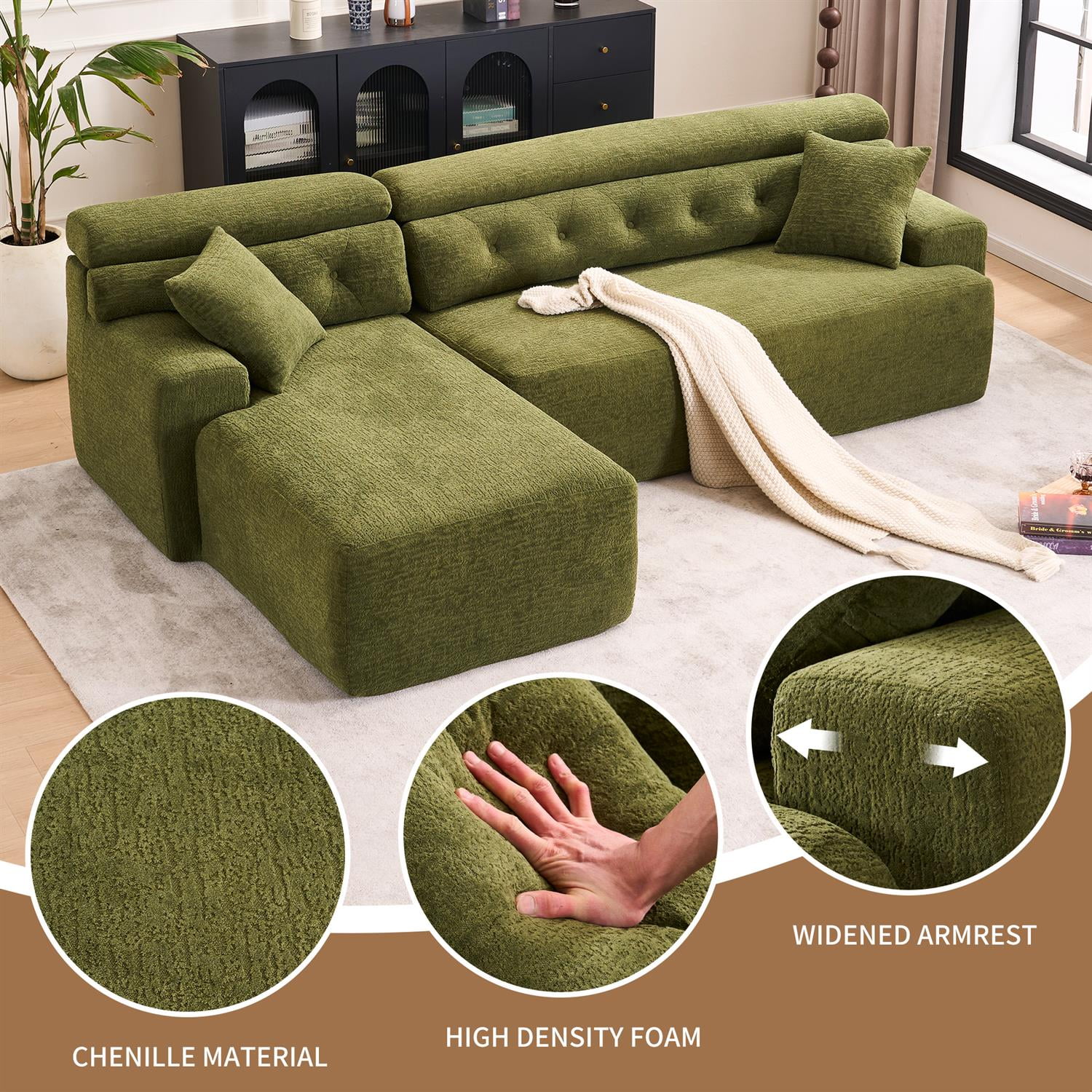 Demi Bonn 105" Modern L-Shaped Sectional Sofa, 3-Seater Couch with Chaise Lounge, 2 Accent Pillows, Wood Grain Chenille Fabric for Living Rooms, Green