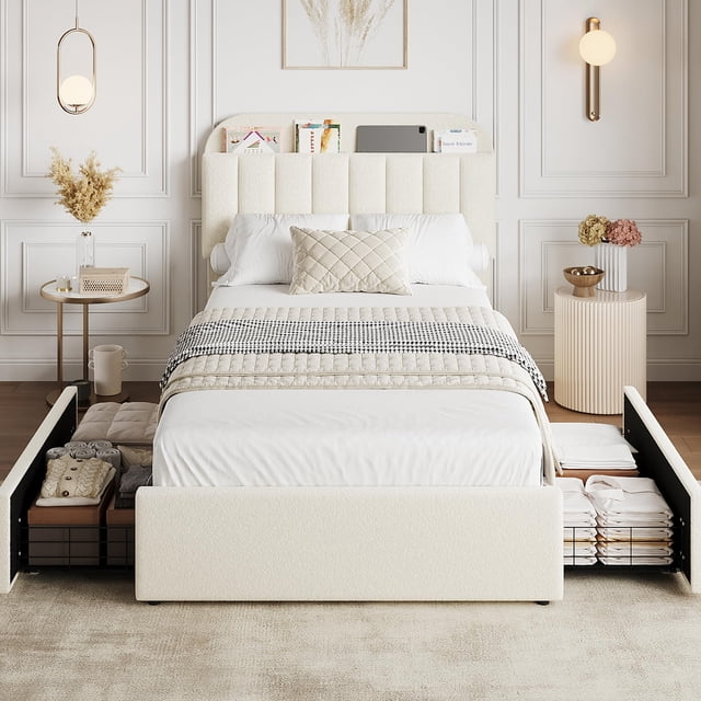 PIONEERWORKS Twin Bed Frame with Storage Headboard, Boucle Upholstered Platform Bed with Bookcase & 2 Drawers, No Box Spring Needed, Easy Assembly, Beige White