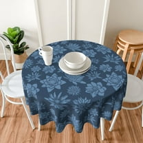 TEQUAN 60" Round Tablecloth, Blue Lotus Pattern Washable Polyester Table Cloth, Waterproof Wrinkle Resistant Decorative Table Cover