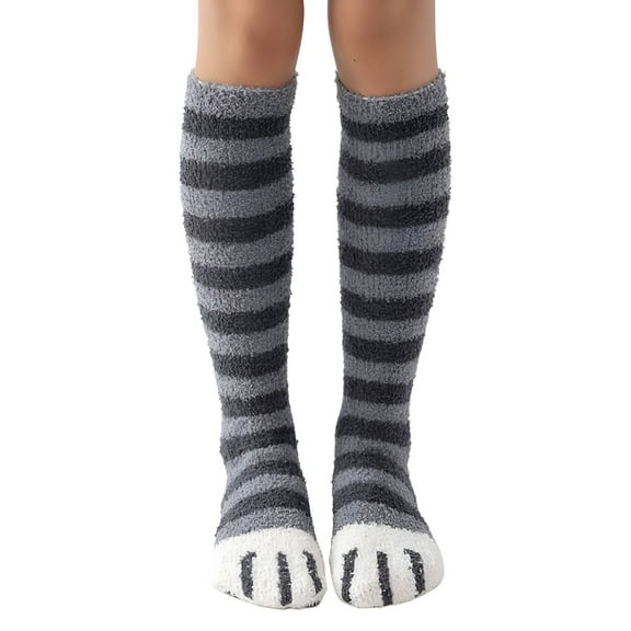 GJX Fuzzy Socks for Women Cozy Warm Coral Fleece Knee High Socks Cat Stripe Cute Winter Slipper Sock Thick Bed Sock Girls Stocking Dark Gray