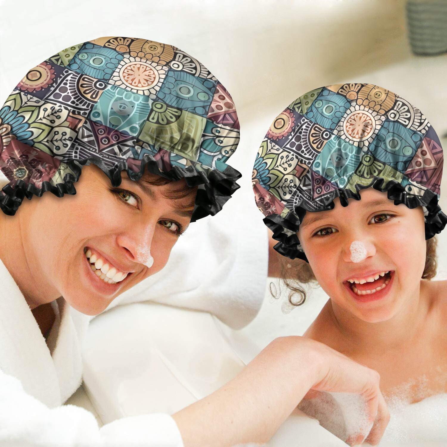 Shower Caps,Multicolor Ethnic Geometric Pattern Waterproof Shower Cap for Women 4 Pieces,Double Reusable Hair Cover for Shower PEVA Elastic Stretch Hem
