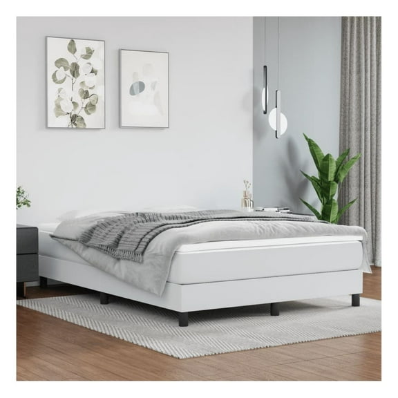 Full Bed Frame White Faux Leather - No Mattress - Durable & Stylish Platform Bed - Bedroom Furniture - US Only