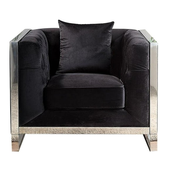 Vade 39 Inch Accent Chair- Stainless Steel Frame- Tufted Black Flannelette