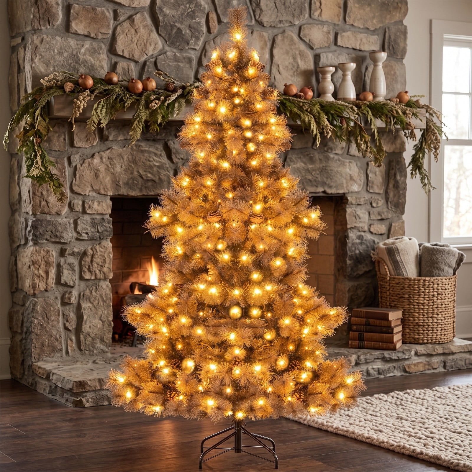 RUIE 6 Ft Artificial Christmas Tree with 493 Branch Tips and 200 Warm White LED Lights, Pre-Lit Hinged Pine Xmas Tree with Metal Stand for Home Office, Chocolate Brown