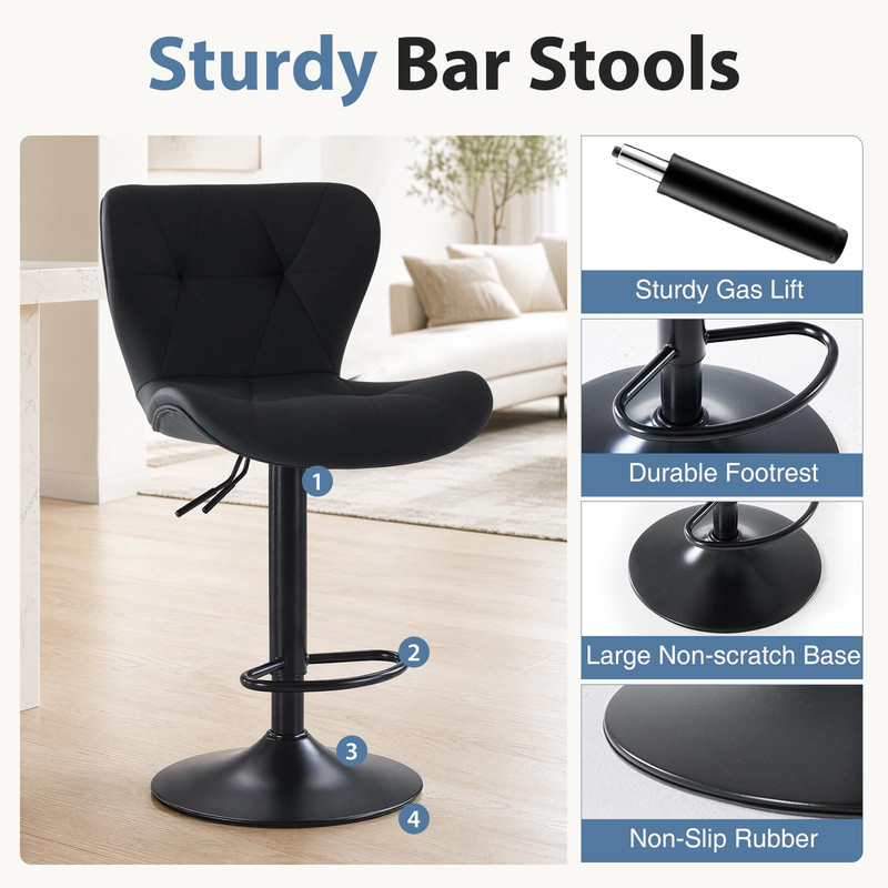 Kelno Swivel Bar Stools Set of 2 Adjustable Height PU Leather Seat with Backrest 360° Swivel for Kitchen Island, Ink