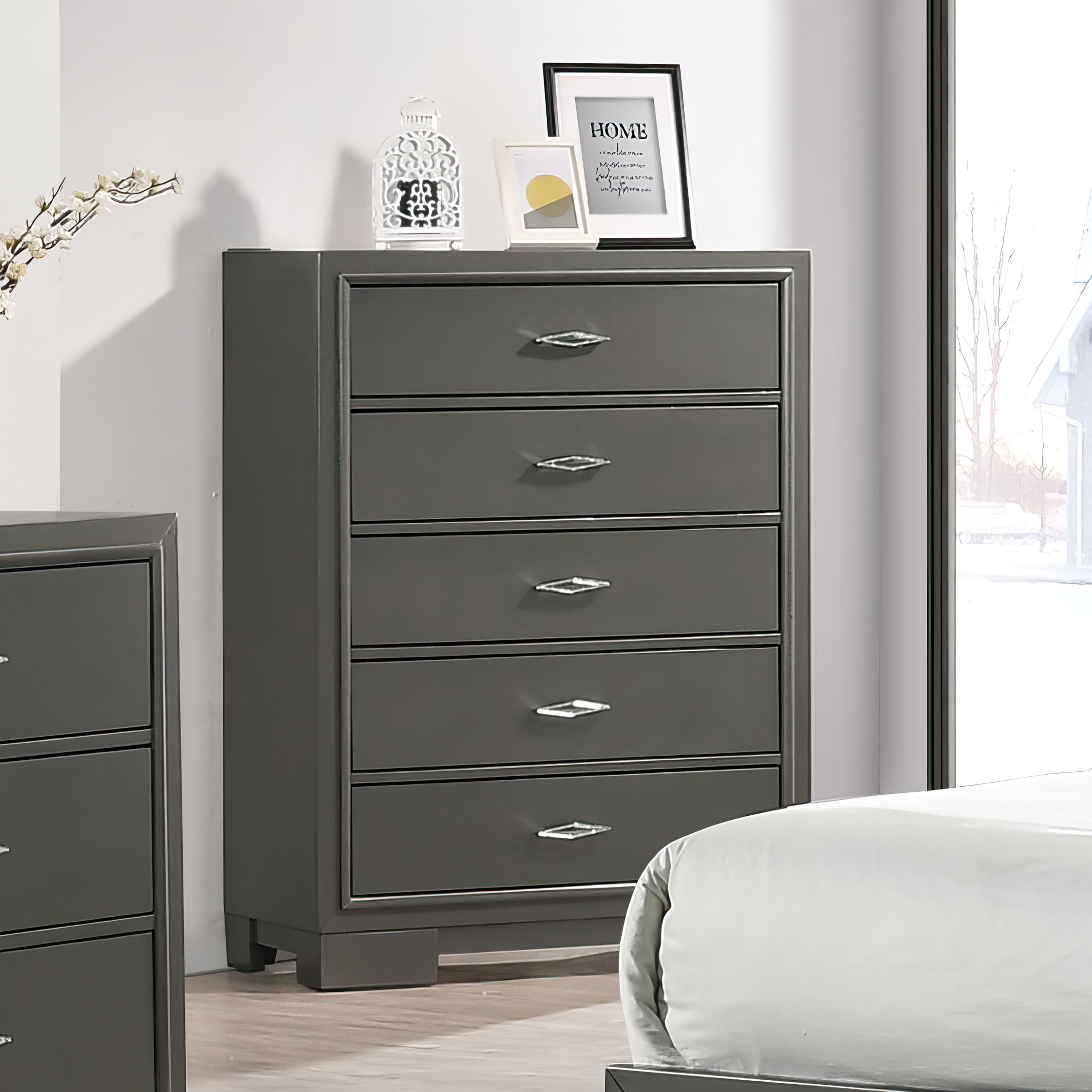Furniture of America Willow Wood 5-Drawer Chest, Metallic Gray