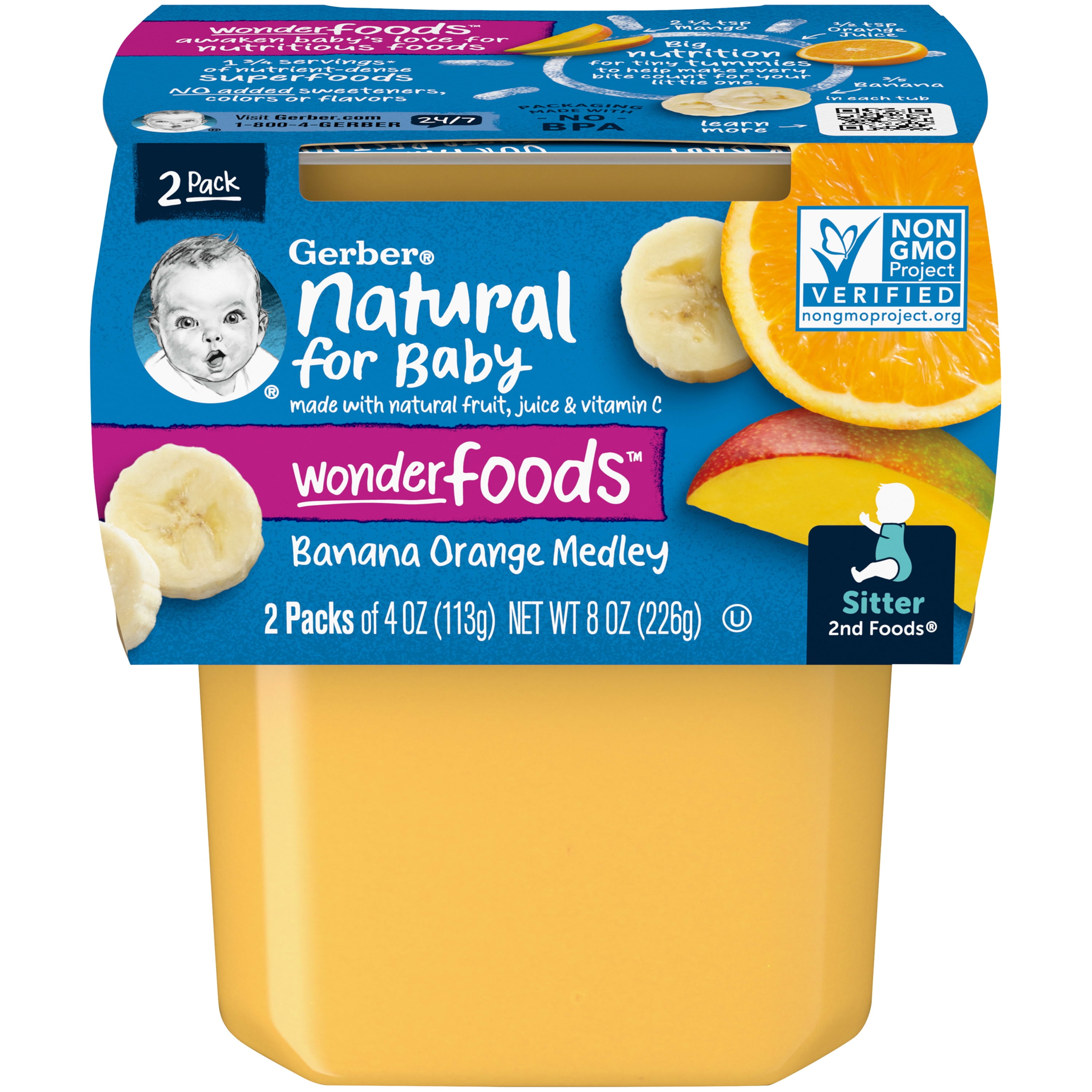 Gerber 2nd Foods Natural for Baby WonderFoods Baby Food, Banana Orange Medley, 4 oz Tubs (16 Pack)