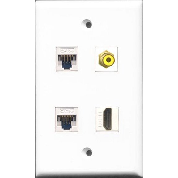 RiteAV 1 Port HDMI and 1 Port RCA Yellow 2 Port Cat5e Ethernet White Wall Plate