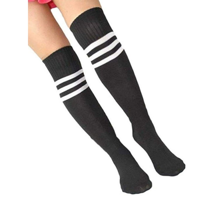 Meihuida Striped Knee High Football Socks Soccer Hockey Sport Long Tube Stocking, Adult Unisex, Size: One size, Black