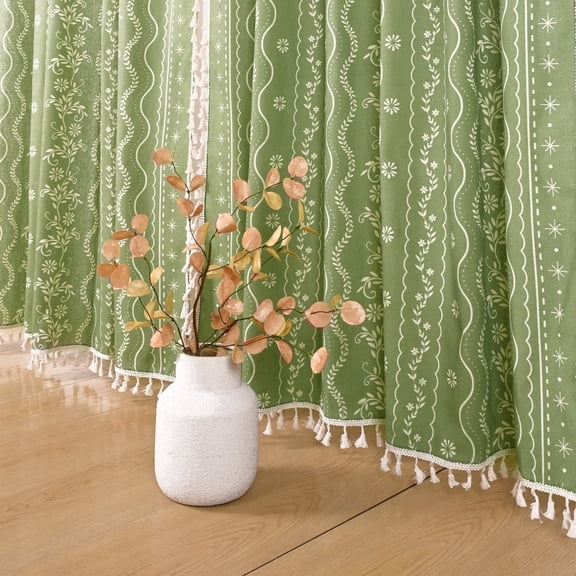 Invoibler Boho Farmhouse Sage Green Light Filtering Linen Curtains with Tassels & White Pattern, 52"x 84", 2 Panels