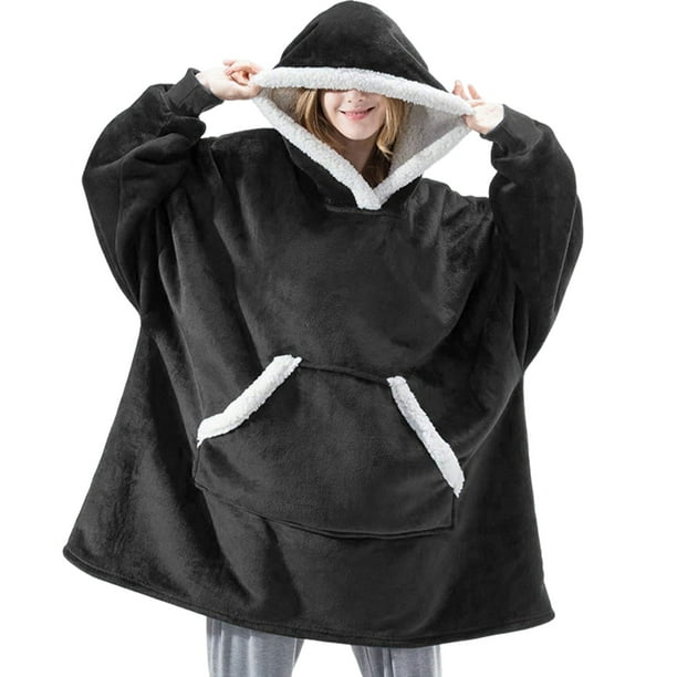 Manta con capucha Qarigey versátil y cómoda de algodón para mujer mantas vestibles Pijama negro