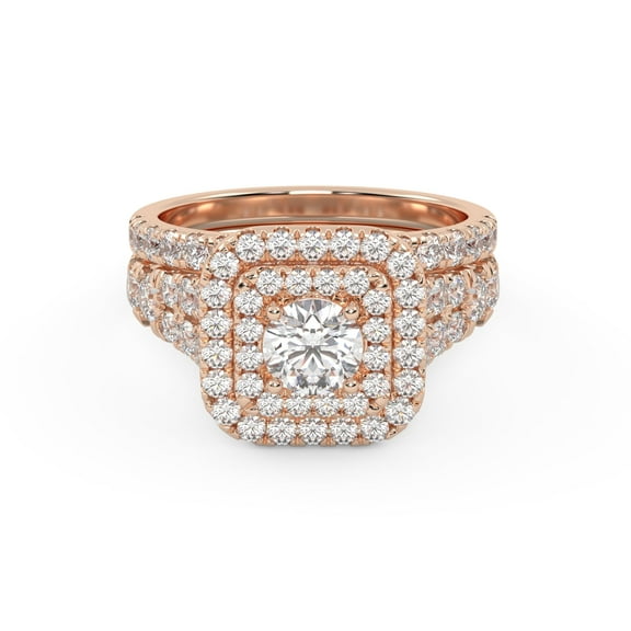 AFFY Double Halo Bridal Ring Set for Women Center 5mm Lab Created Moissanite Half Eternity Engagement Wedding Ring in 10K Solid Rose Gold Size-10