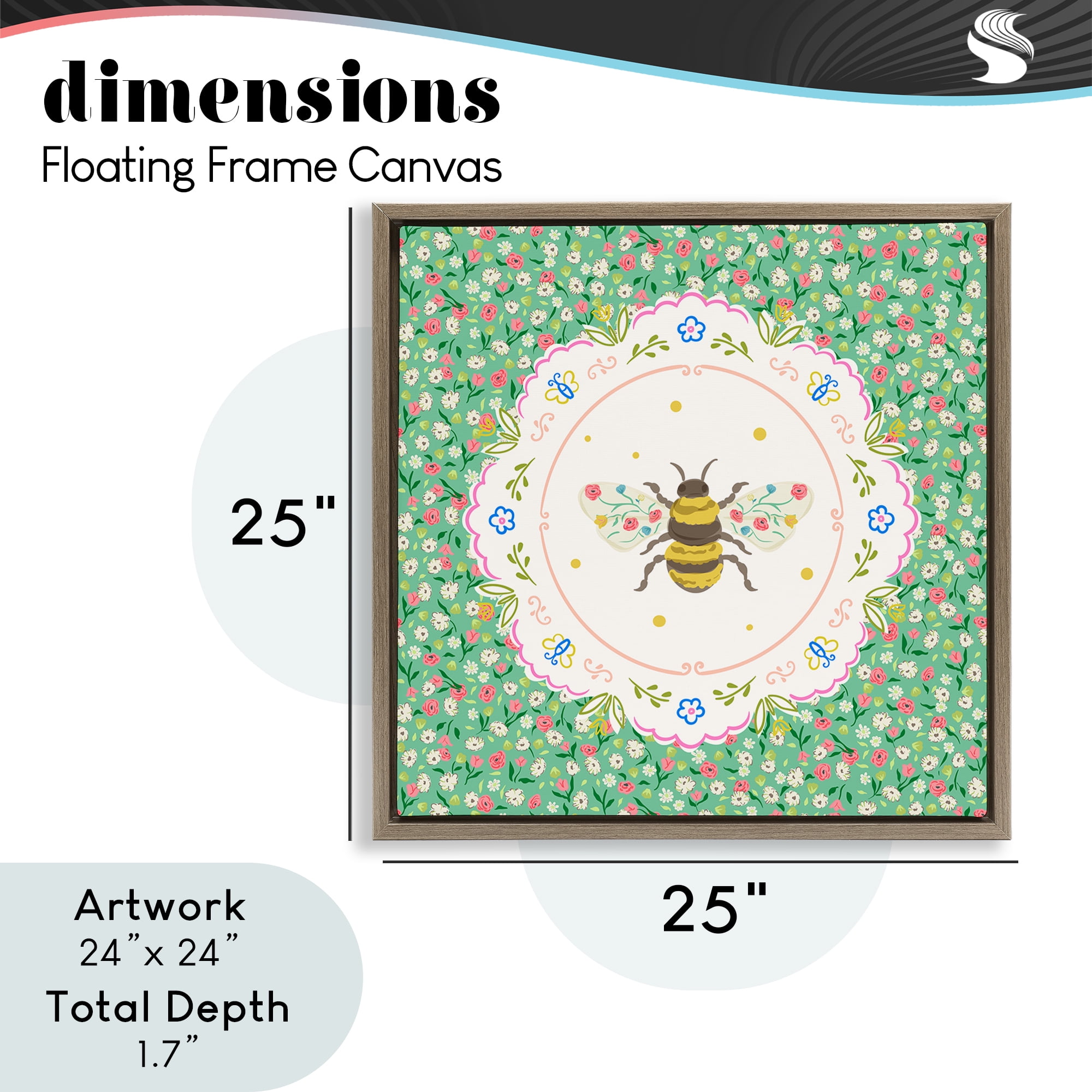 Spring Bee Delicate Florals Brown Framed Floater Canvas Wall Art, design by Angela Steahling