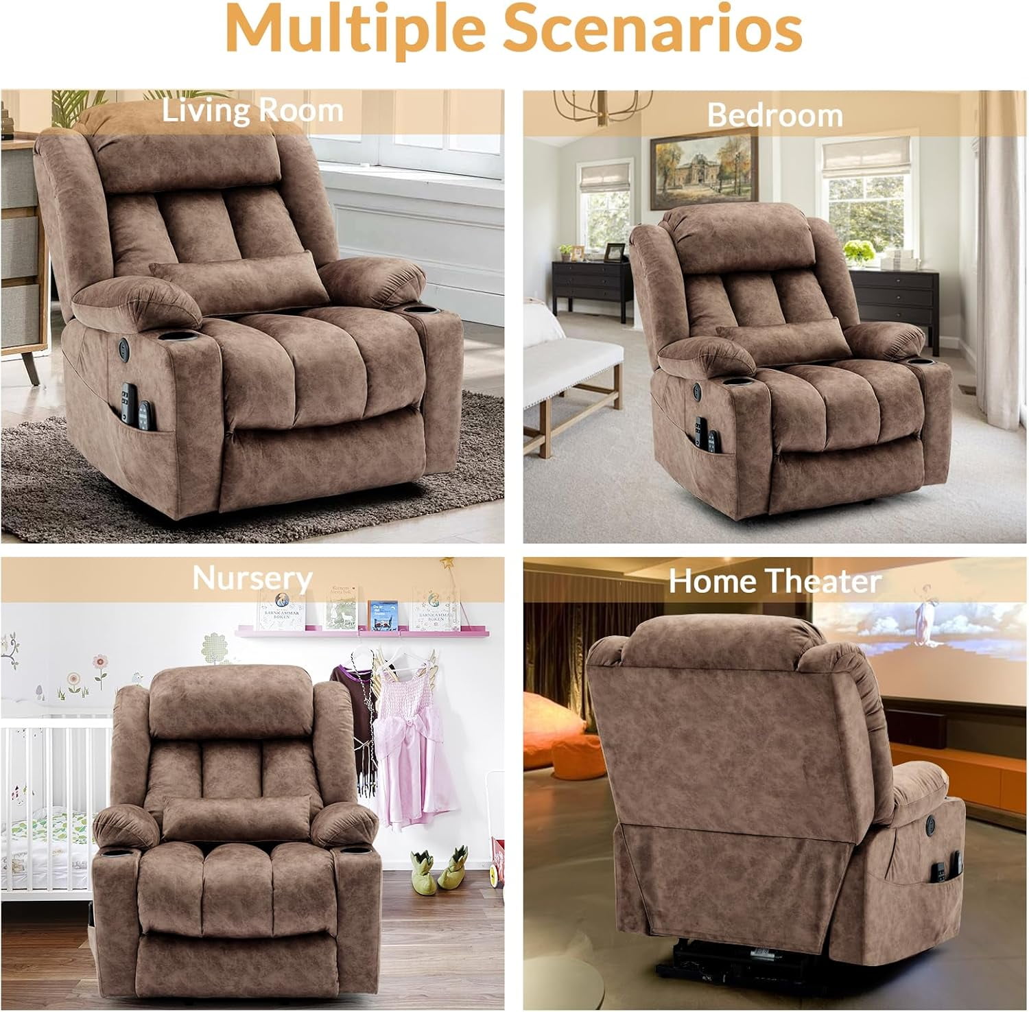 Dual Motor Power Lift Recliner for Big Elderly, Extended Footrest, Large Infinite Position Lay Flat Chair for Living Room with Massage & Heat, Lumbar Pillow, USB & Type-C Ports, Plush-Brown