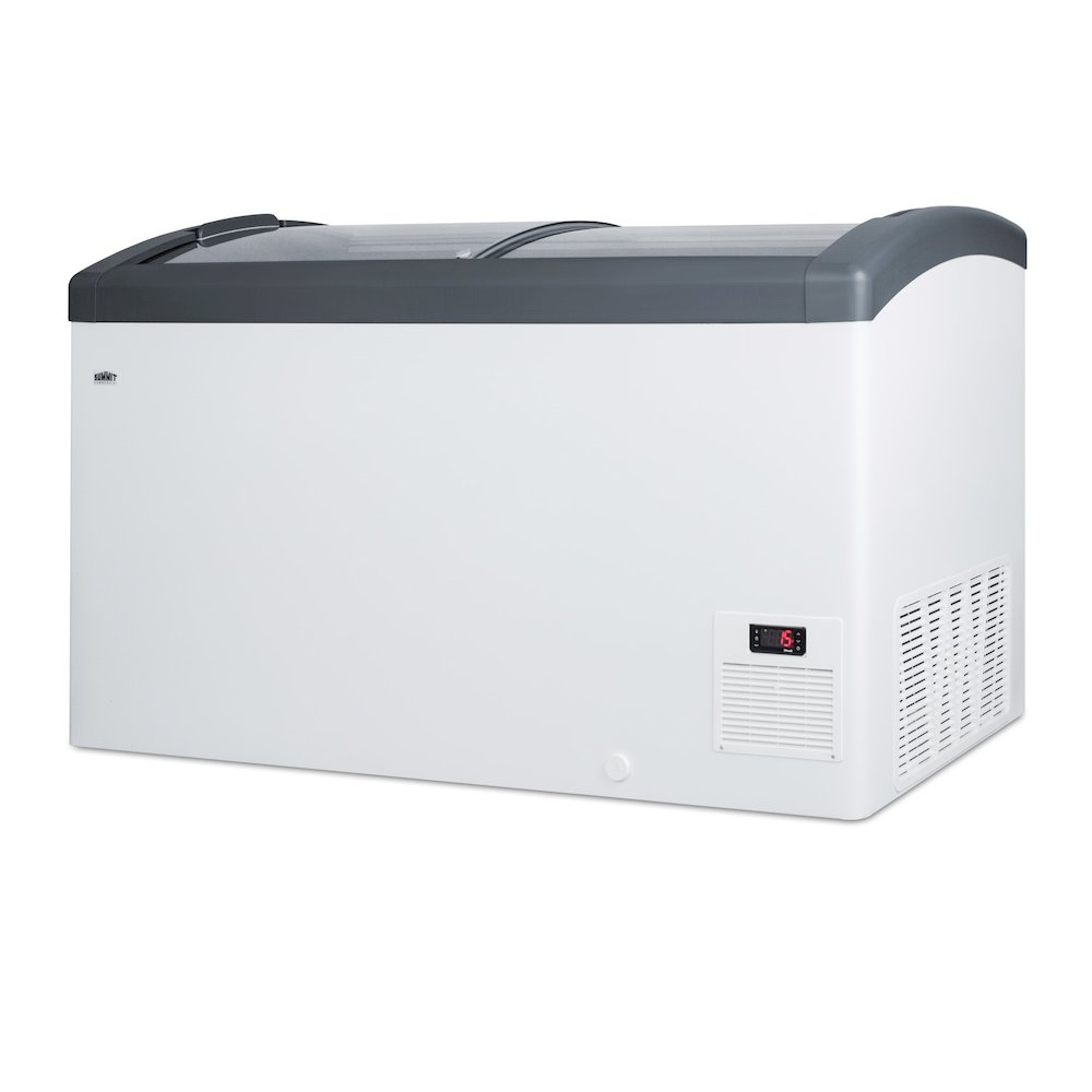 Curved top commercial ice cream freezer with sliding glass lid, digital thermostat, novelty baskets, and 12.4 cu.ft. interior