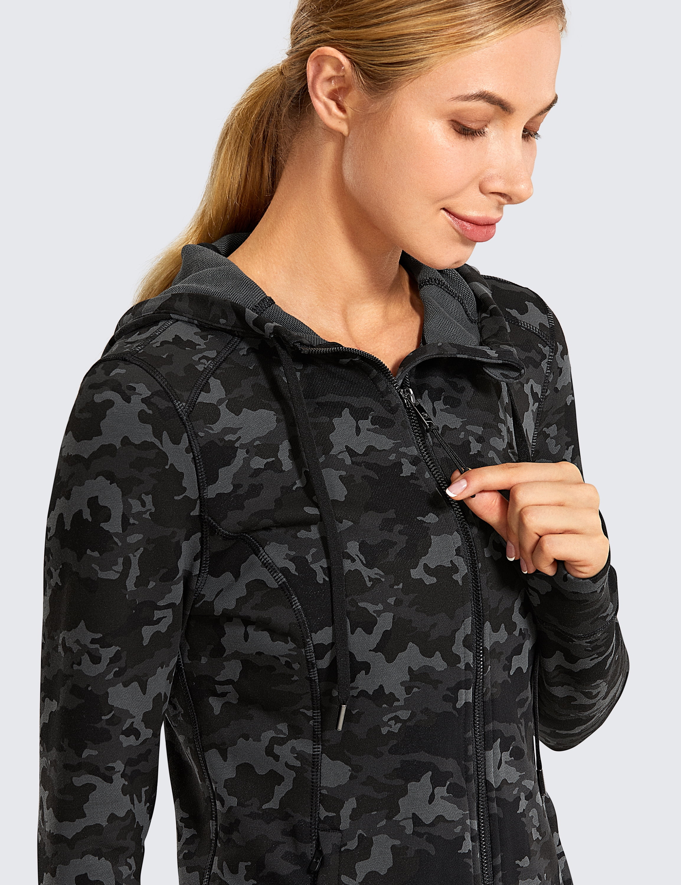 CRZ YOGA Women's Cotton Hoodies Full Zip Running Track Jacket Sweatshirt with Thumbholes 