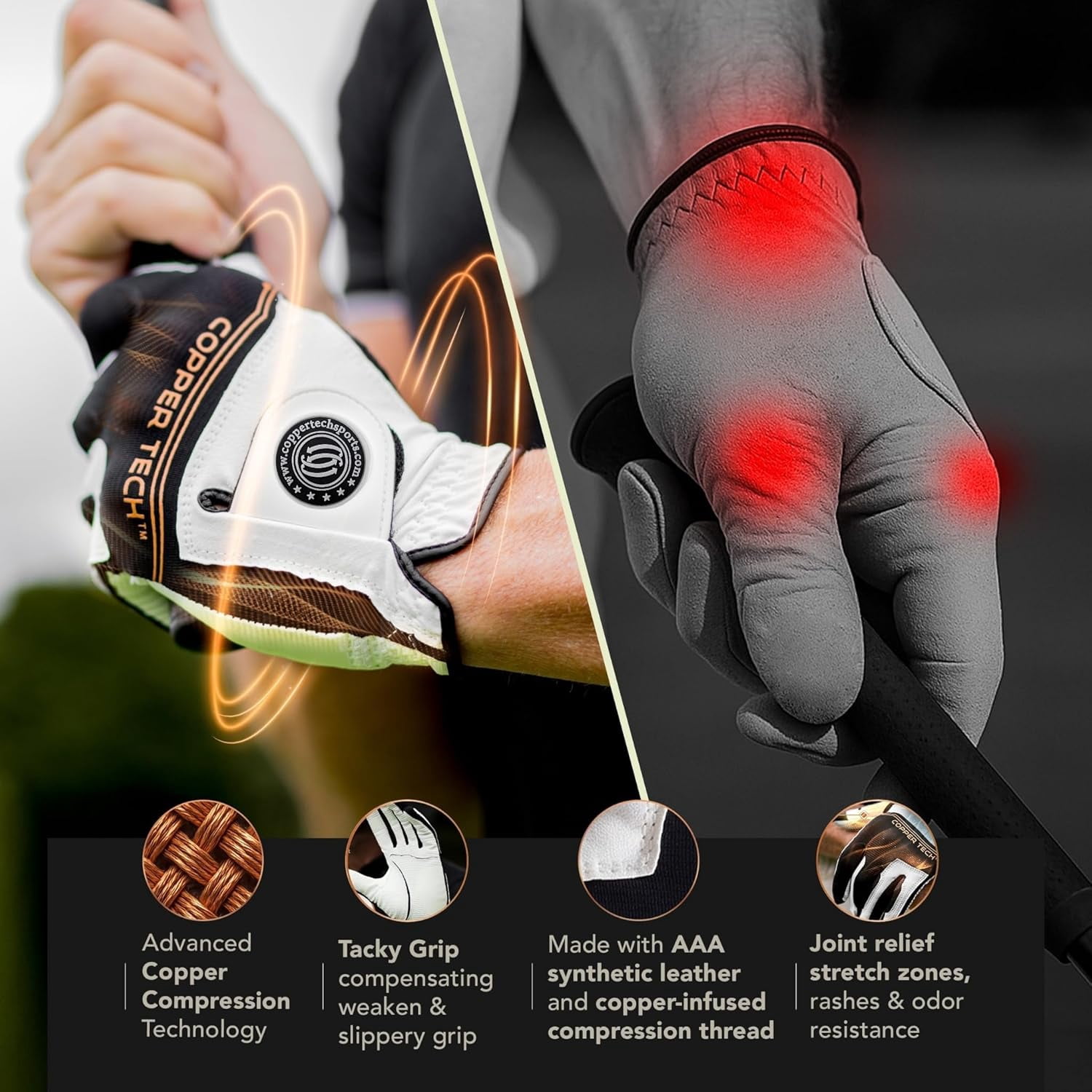 Copper Tech Golf Gloves Men (2 Pack)| Copper Compression Joint Support | Flexible & Comfortable Fit with AAA Leather (White/Black, Small, Left)