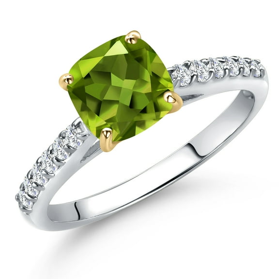 Gem Stone King 10K Two Tone Gold Green Peridot and Lab Grown Diamond Engagement Ring for Women | 1.03 Cttw | Cushion 6MM | Gemstone August Birthstone | Size 9