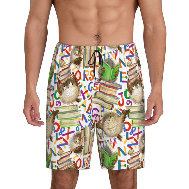 Balery Owl Back To School Pantalones cortos de pijama de punto de algodón para hombre con cinturilla y bolsillos-X-Large