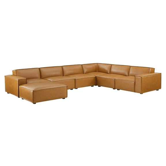 Sectional Sofa Set, Faux Vegan Leather, Tan, Modern Contemporary Urban Design, Living Lounge Room Hotel Lobby Hospitality