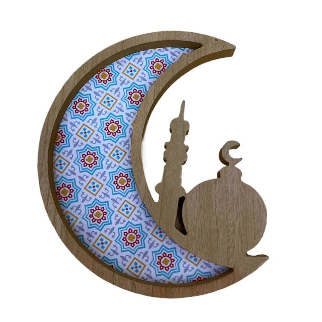 Practical Eid Serving Tray with Moon Shape Decorative Serving Tray Wood Texture for Eid and Festival Table Setting