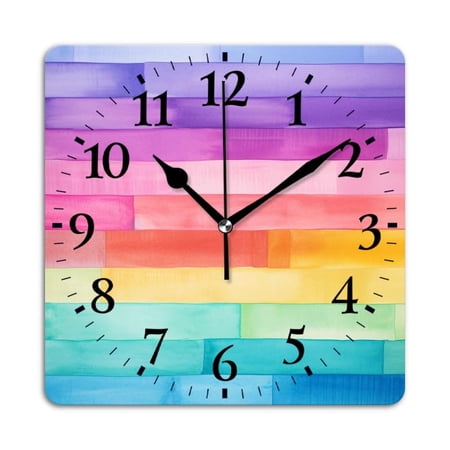 Square Wall Clock,Rainbow Of Watercolor Stripes,Silent Non-Ticking Wall Clock Decor for Home Office Kitchen Living Room Bedroom(12inch)