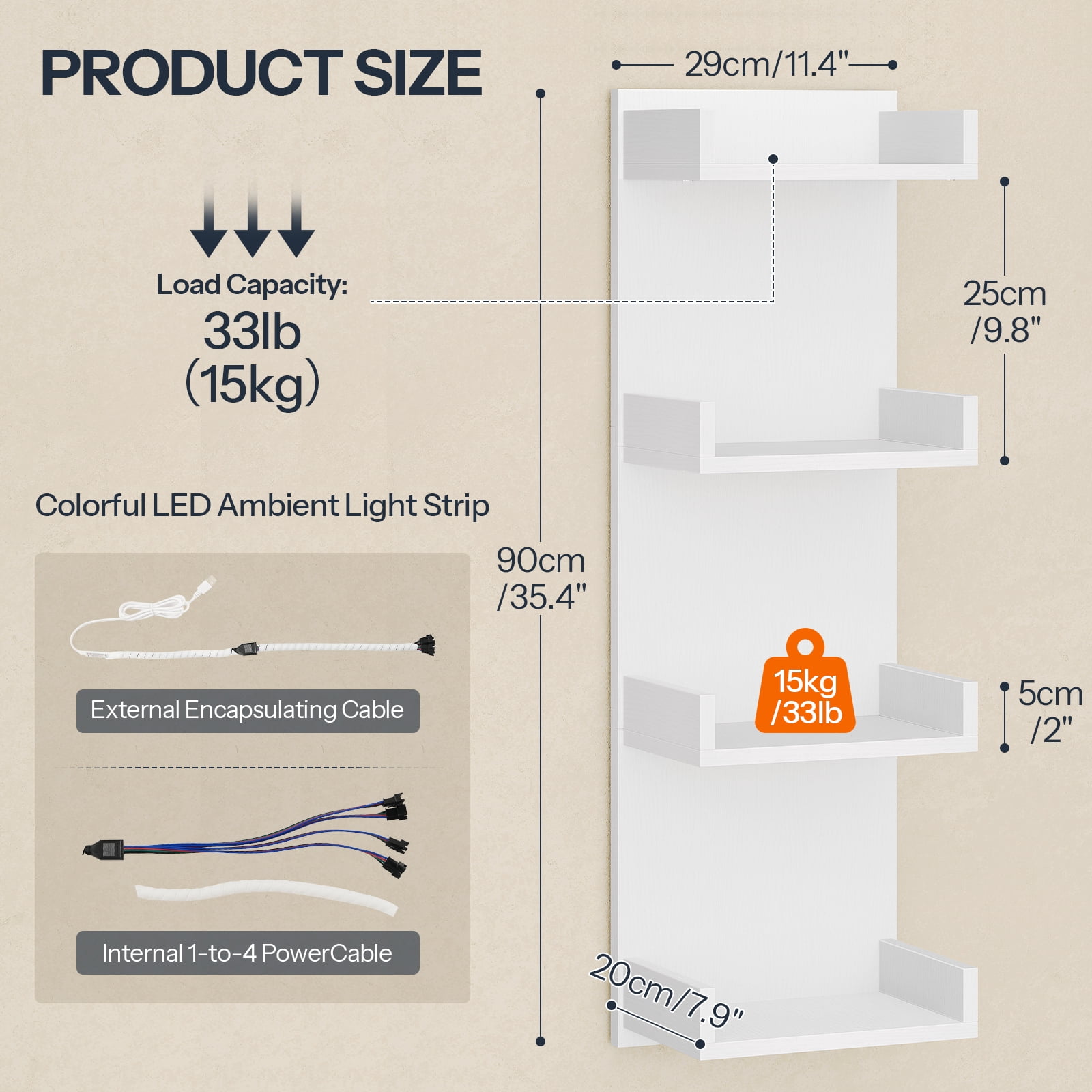 Vertical 4-Tier LED Floating Wall Shelves, White