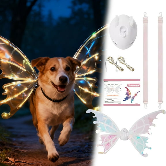 Light up Fairy Wings for Dogs, Pet Glowing Wings with LED Lights, Christmas Puppy for Medium Large Dog, Parade Photo Props, Dress Your Dogs Like Butterfly