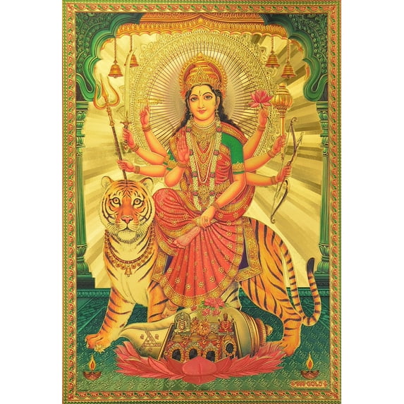 Ambaji / Goddess Amba / Ambe Mataji / Maa Sheravali / Devi Durga with Tiger Poster Size 8.5" X 12" Approx.