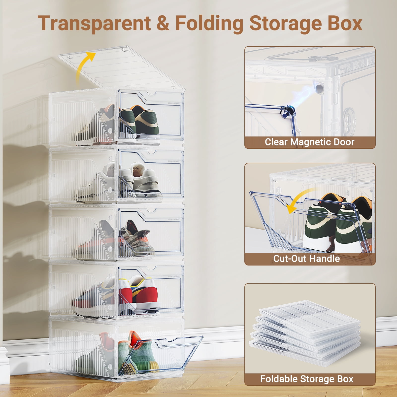 XX-Large Shoe Sneaker Storage Boxes for Size 14, Stackable & Thicken Clear Plastic Shoe Organizers 1Pack for Entryway Closet Under Bed, Shoe Storage Cabinets Container Display Case w/ Magnetic Door