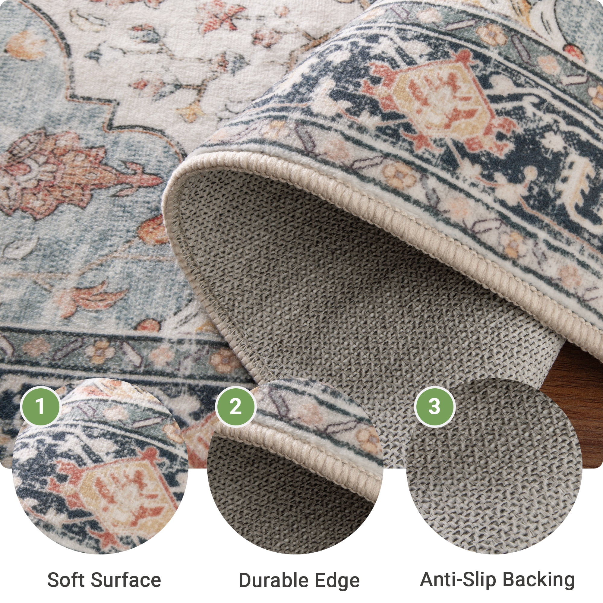 NewBuros 6'x9' Washable Area Rug for Living Room, Non Slip Vintage Distress Print Pattern Floral Rug, Soft Low Pile Indoor Carpet for Bedroom Dining Room, Beige Colorful