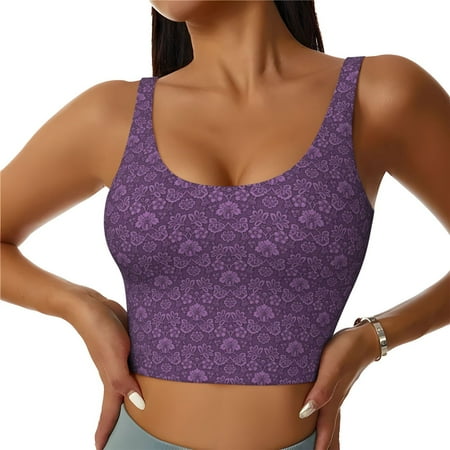 Jgfou Retro Florals Purple Print Womens Sports Bra - Padded Workout Sports Bras Crop Tank Top