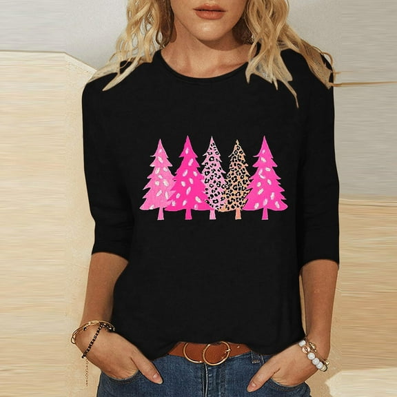 LEKWK Holiday Tops for Women 2025 Xmas Tree Crew Neck 3/4 Sleeve Tshirts Christmas Plaid Shirts for Women Funny Womens Holiday Shirt